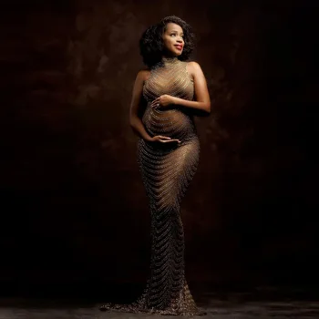 Stretchy Tull Maternity Dress Photography Props Sexy Shiny Drill Pregnancy Woman Clothes Gown Goddess Clothing Photoshoot