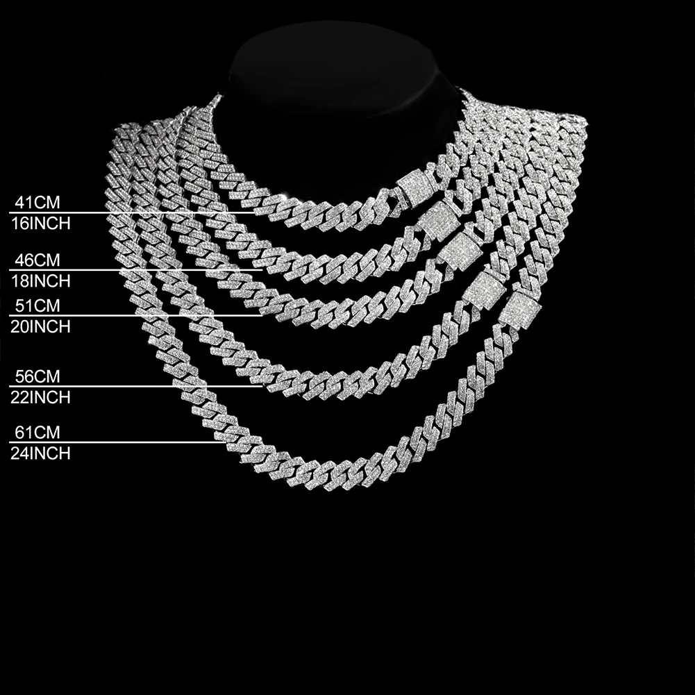 14mm Iced Out Prong Cuban Link Chain Necklace for Men Women 2 Row