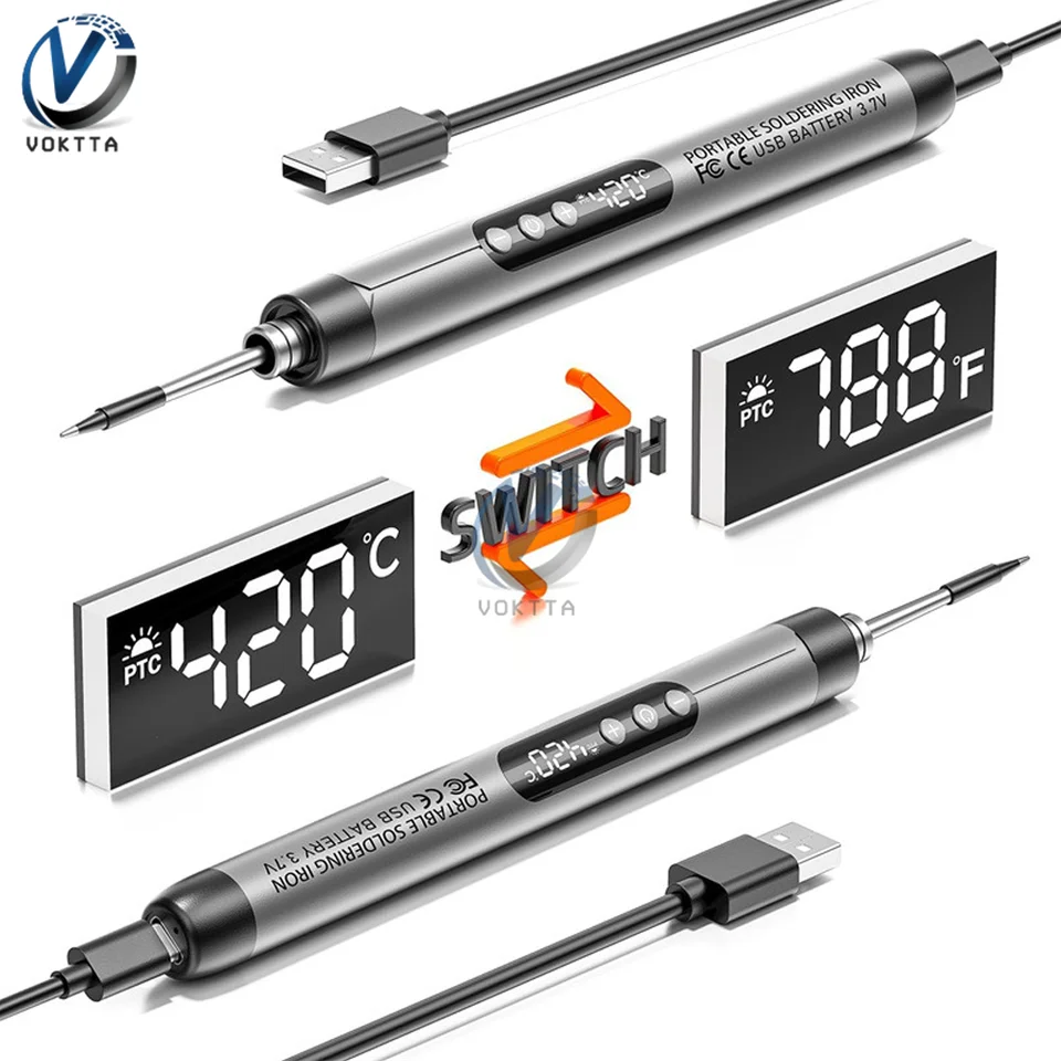 Kit Saldatore Wireless 8W Con Temperatura Regolabile 330-450°C, 3 Punte, Supporto, Cavo USB, Ricarica Power Bank