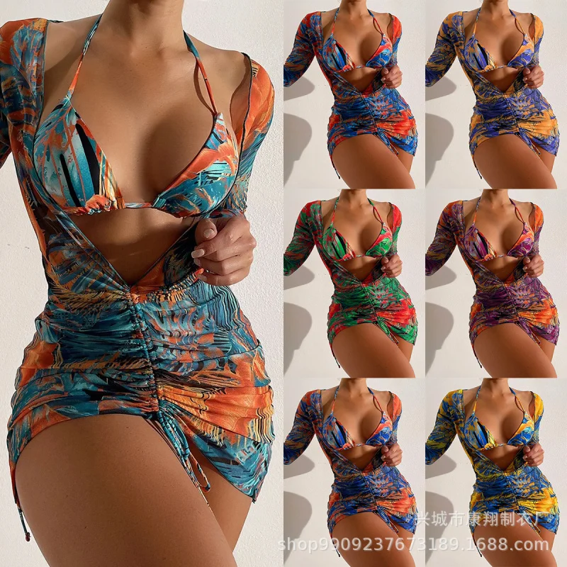 Women's Swimsuit Three-Piece Three-Point Long SleeveinsBlouse Internet Celebrity Drawstring