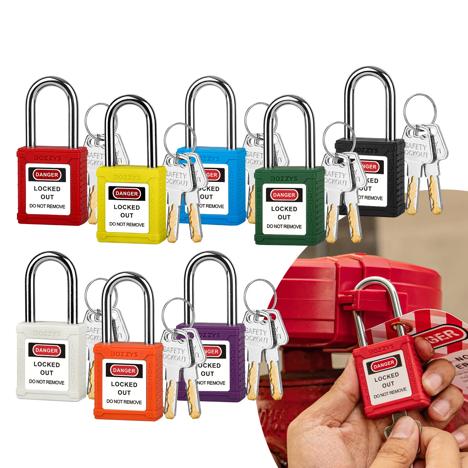 

Lockout/Tagout Nylon Safety Padlock Set-10 Pack,Zinc alloy cylinder,Keyed Different,2 Keys per Loto Locks