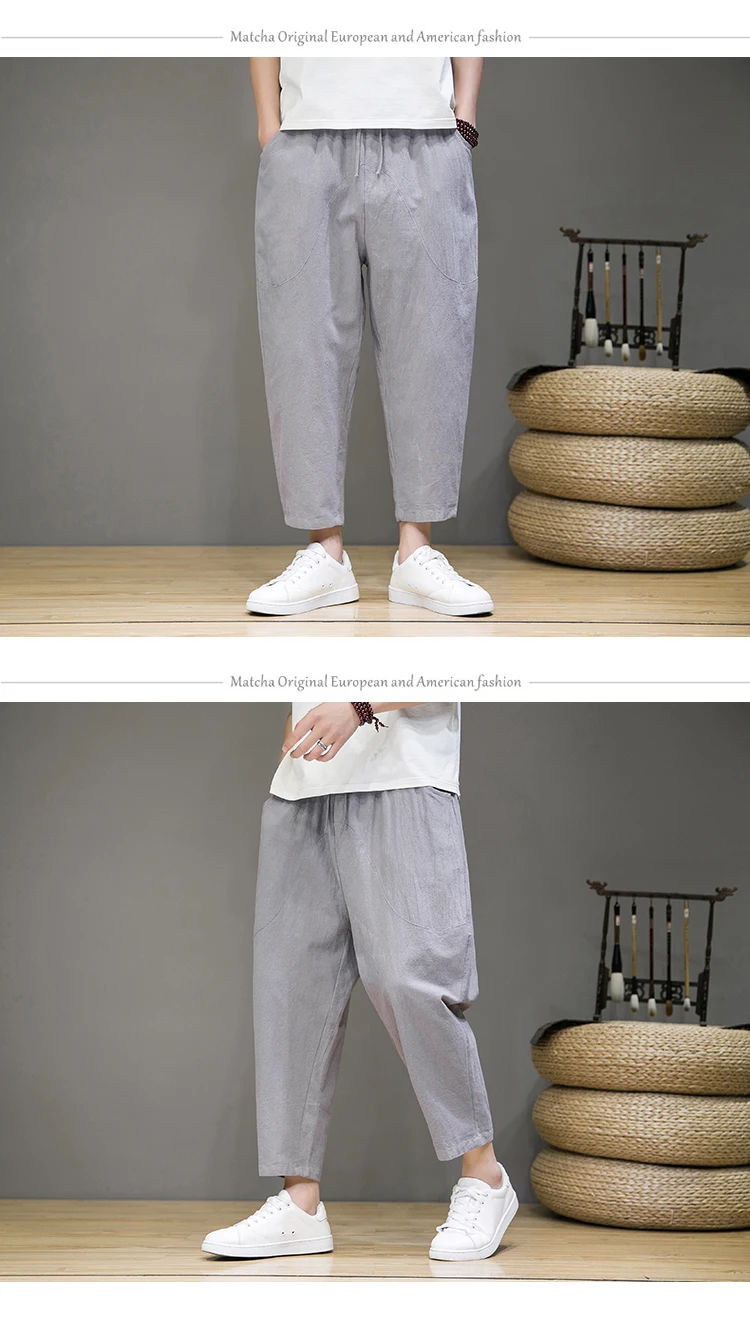 Herren Baumwolle Leinen hose männlich cool Sommer atmungsaktive Harems hose einfarbige Strand hose Yoga tlastic Taille kurze Hose – Detail 12