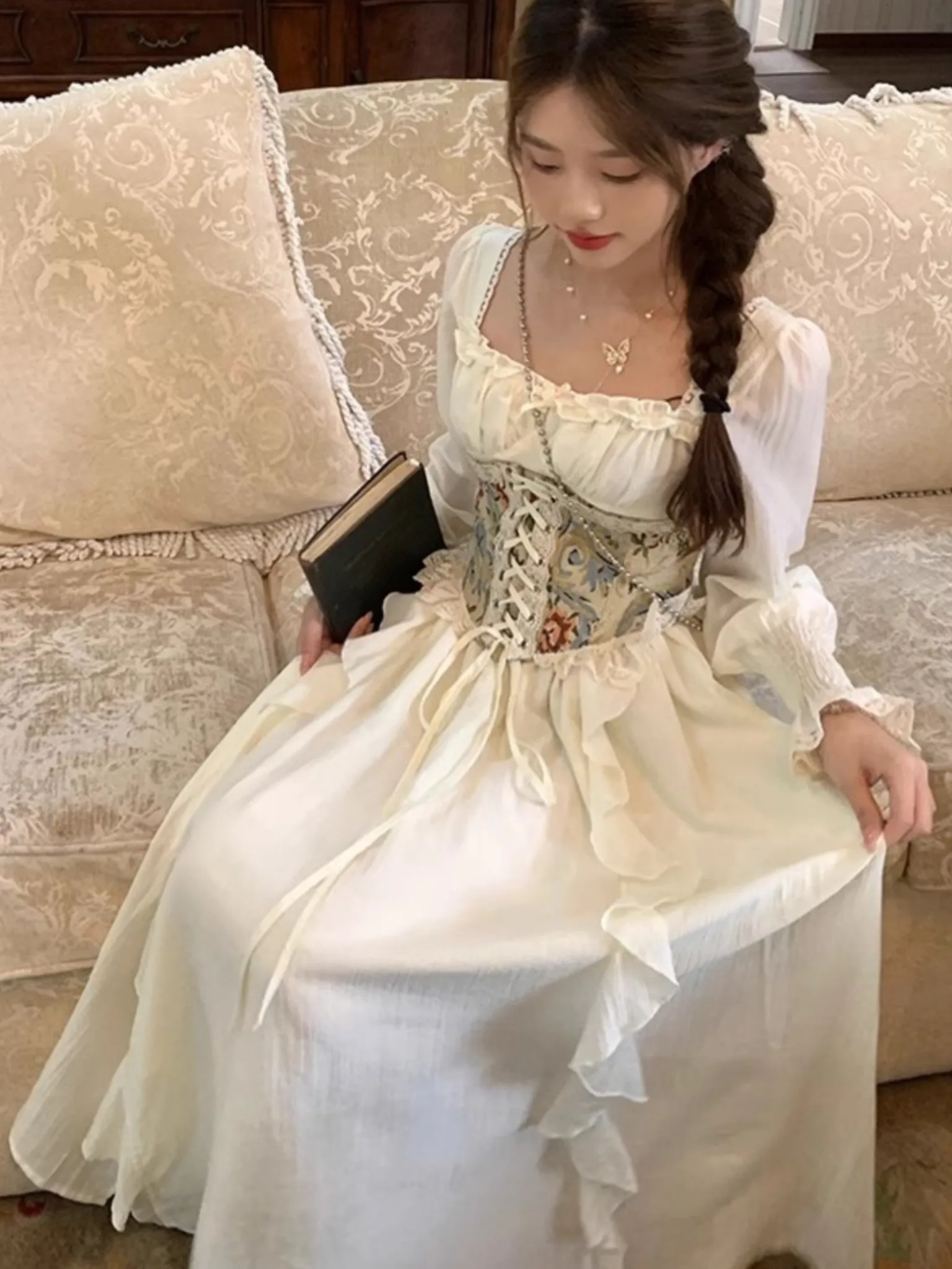 Vintage☆ France antique dress EU Women Vintage European Corset Midi Dress French Elegant Square