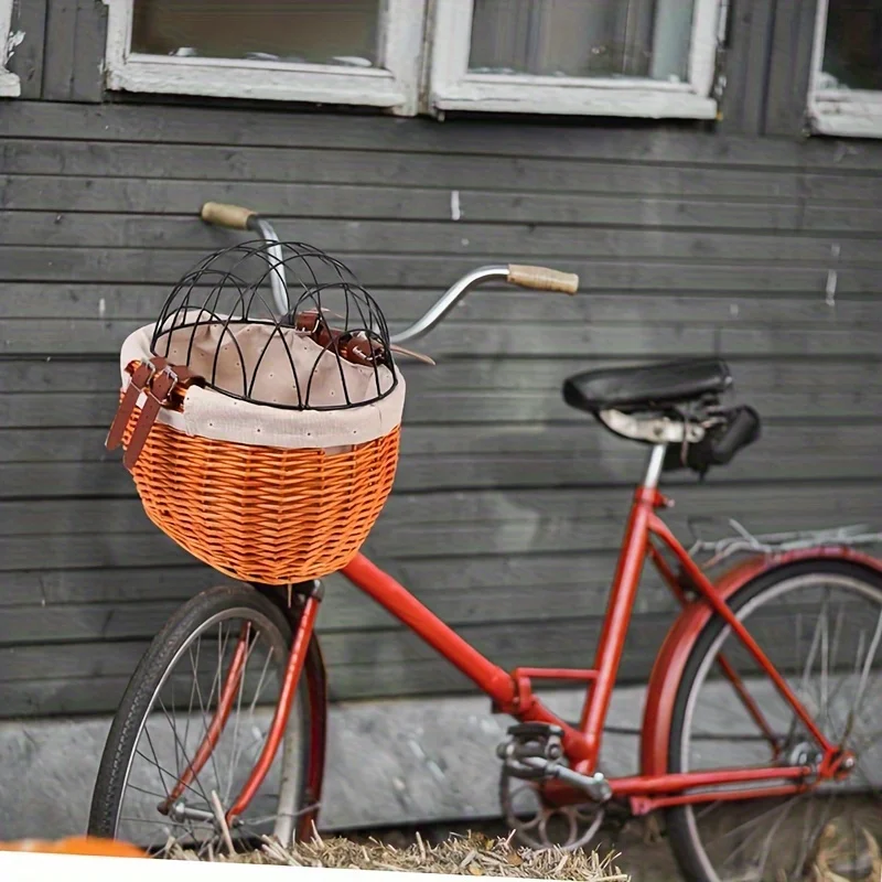 Baisher Woven Rattan Bike Basket with Lid Durable Acrylic Fiber Pet-Friendly Front Carrier for Dogs & Cats