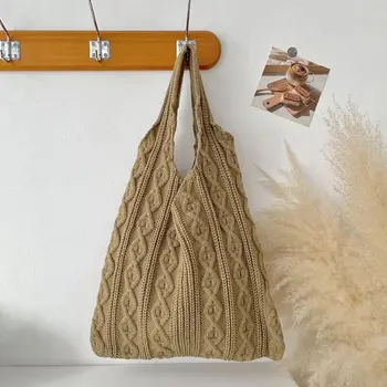 Knitted Braid Crochet Tote Bags Hollow Pattern Solid Color Hollow Knitted Bags Simple Design Top-Handle Bags Daily Use