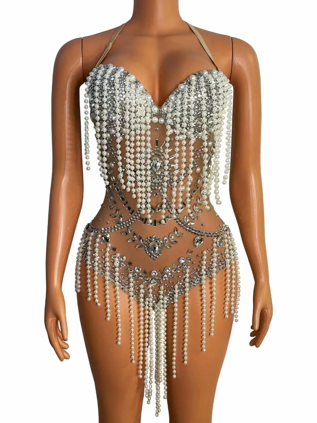 

New Shiny Design Pearls Fringes Silver Stones Bodysuit Evening Birthday Celebrate See Through Outfit Female Singer Show Costume