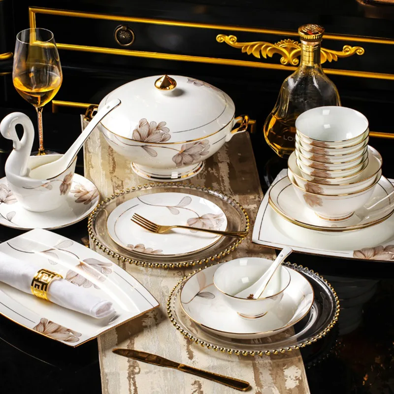 

Jingdezhen bone china tableware set European bowl and plate set Chinese ceramic bowl and plate manual gold inlaid tableware