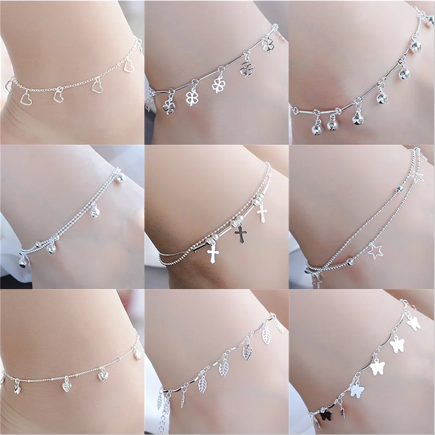 Sterling Silver Color Stamp Anklets For Women Foot Leg Chain Link Bracelet Tassel Charms Beach Accessories Jewelry For Female