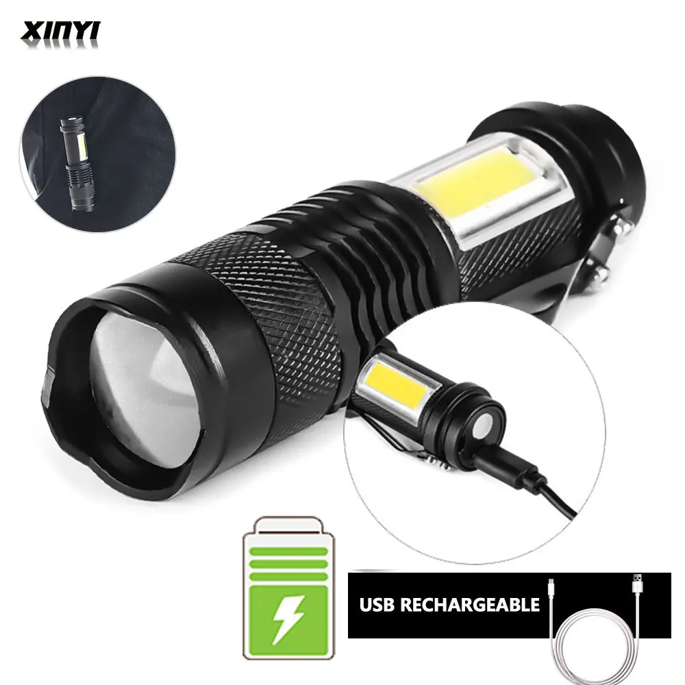 

Mini USB Rechargeable LED Flashlight Use XPE + COB lamp beads 100 meters lighting distance Used for adventure, camping