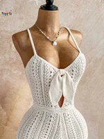 Boho White Crochet Romper for Women Front Tie Hollow Out Sleeveless Backless Knitted Playsuit Beach Holiday Outfit - Image 5