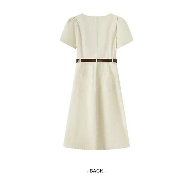 Dress Women Square Neck Split Midi Dress Summer New Salt-Washed Utility Dress With Vintage Vibes