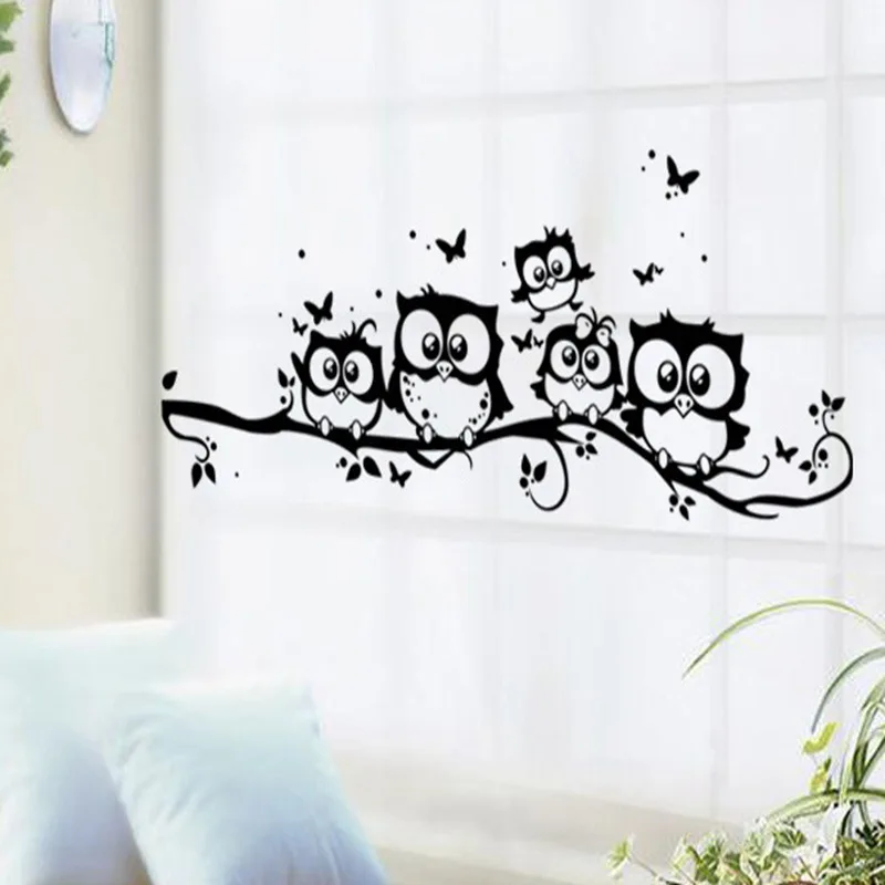 Creative Cartoon Black Owl Wall Sticker Tree Animals Bedroom Owl Butterfly Wall Sticker Home Decor Living Room Rooms Ornament