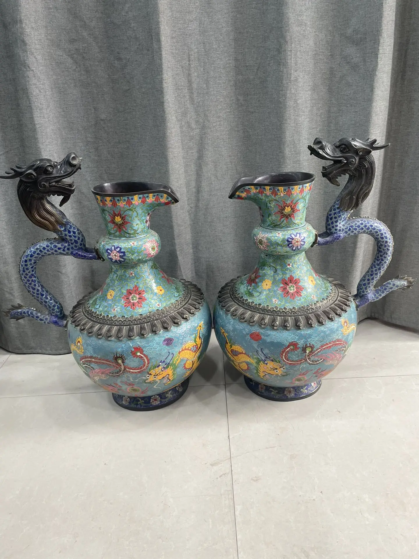 

22"Tibetan Temple Collection Old Bronze Cloisonne Enamel Dragon Statue Handle Flagon Kettle A Pair Town house Ornaments Exorcism