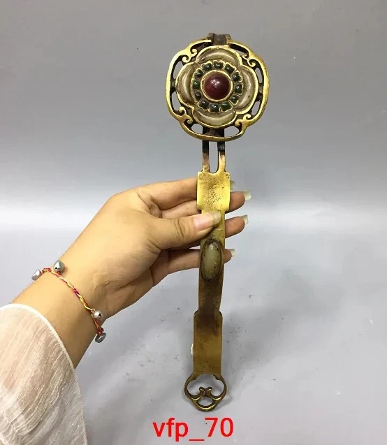 

China antique Pure copper brass Inlaid jade Ruyi