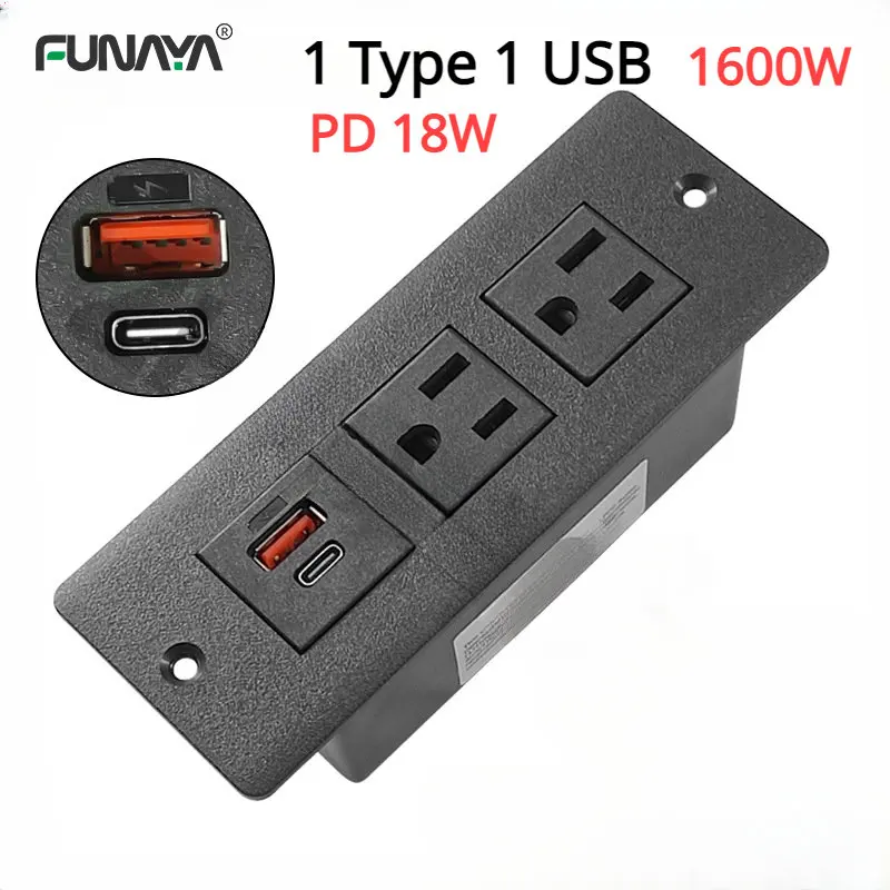 

Hidden US Table Power Sockets with 1 USB 1 Type-C PD QC 18W 5V 3.1A AC110V 220V Black Embed 15A 2 Outlet 4000W Furniture Socket