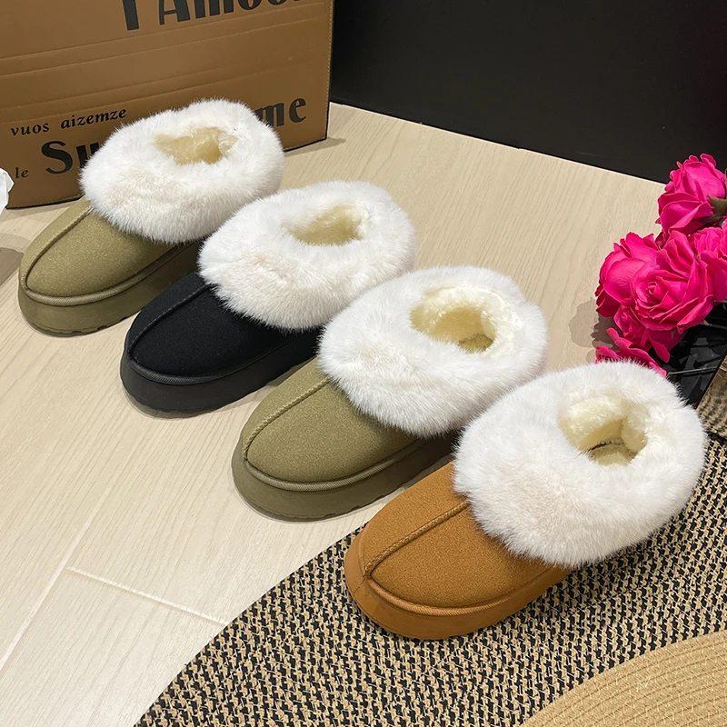 

Winter Warm Thicken Plush Chunky Platform Cotton Slippers Women Flat Heels Fur Slippers Woman New Faux Suede Fluffy Shoes