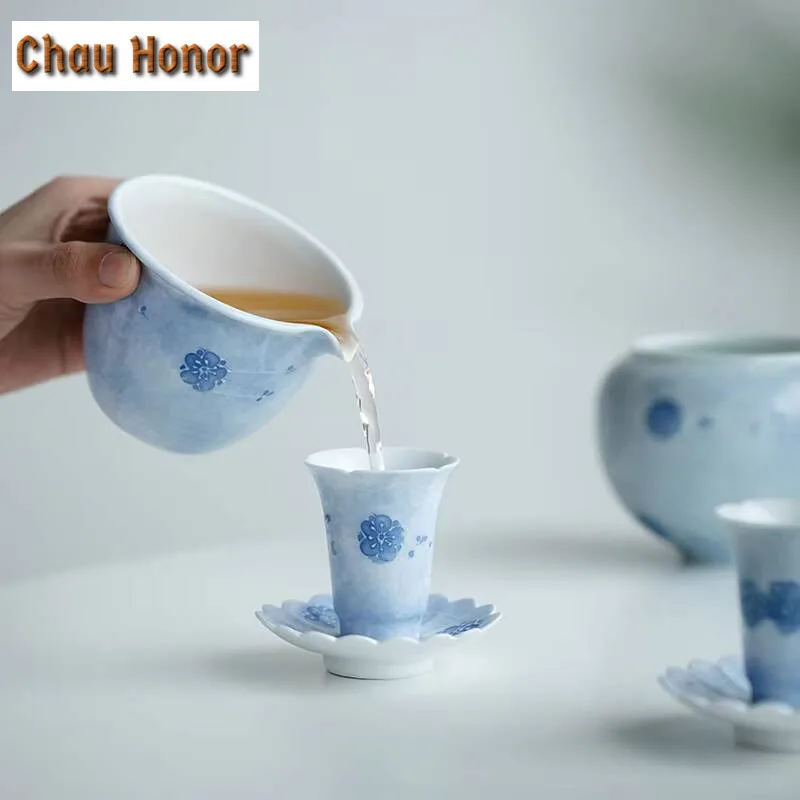 Pure Hand-painted Cherry Blossom Fog Blue Ceramic Fair Cup Household Tea Dispenser Single Chahai Fair Cup Kungfu Tea Ceremony