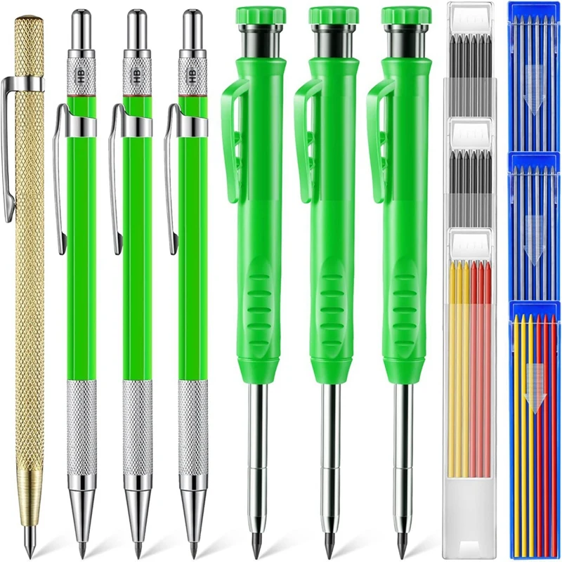 

7 PCS Carpenter Mechanical Pencil 2-In-1 Set With Solid Refills Plastic Carbide Scriber And Deep Hole For Architect DIY Projects