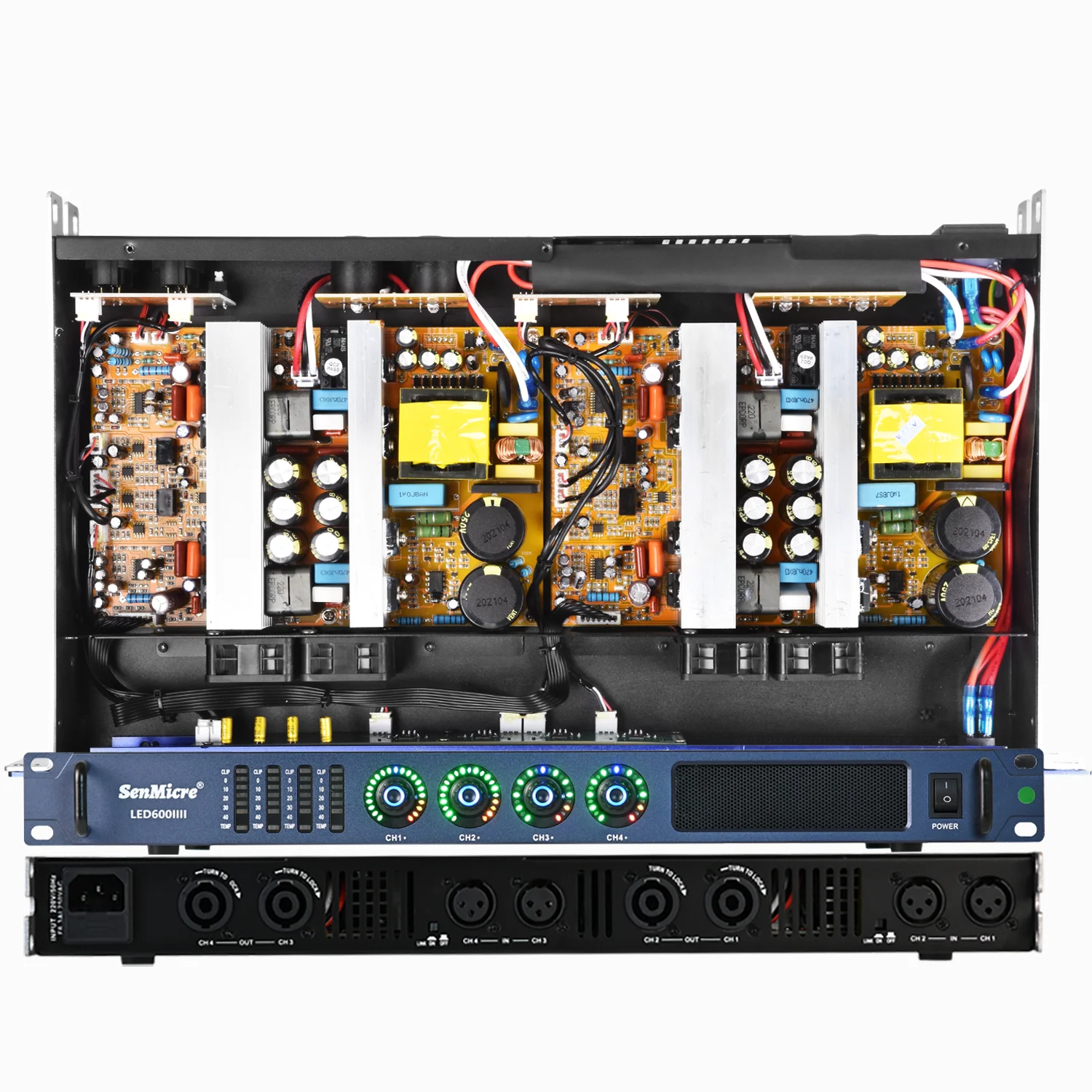 SenMicre LED600 4X600W 8Ohm 디지털 전력 증폭기 4 채널 전문 사운드 증폭기 DJ 서브우퍼 앰프 4X1200W 4Ohm 라인 어레이 스피커 프리앰프 가라오케 무대 성능 오디오 시스템