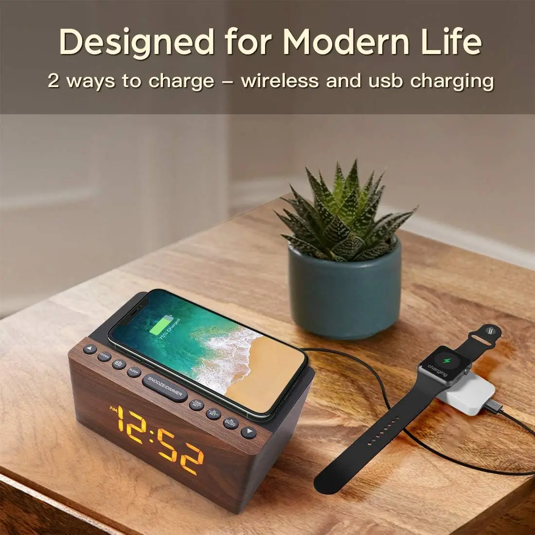 Wooden Digital LED Alarm Clock with FM Radio & Wireless Charger for iPhone/Samsung, 5-Level Dimmer, USB Port, Sleep Timer 3
