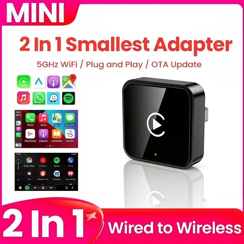Neue Super Mini Carplay AI Box Kabelgebunden zu Kabellos CarPlay/Android Auto 2-in-1 Box 5GHz WiFi5 für 99% Original Kabelgebundenes CarPlay/Auto