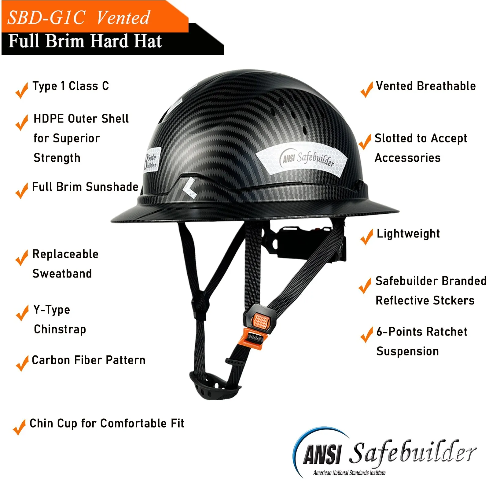 Full Brim Carbon Fiber Pattern Hard Hat, Adjustable and Comfortable Safety Helmet ANSI Ratchet Durable Hardhat Construction