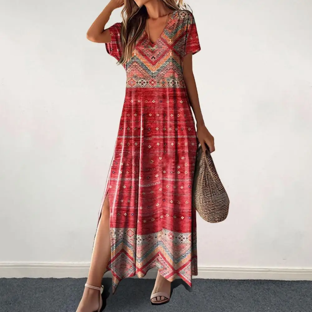 

V Neck Casual Dress Bohemian Style Vacation Maxi Dress with 3d Print Side Split Plus Size Loose V Neck Ankle Length Summer