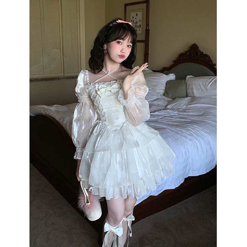 

Women Fairy Dress 2023 Spring Summer Square Collar Lolita Dress Female Y2k Party High Waist Cake Mini Dress Summer Clothes