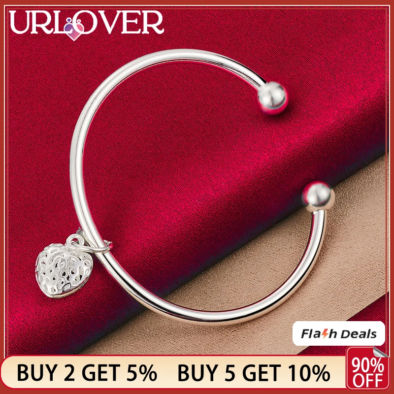 

URLOVER 925 Sterling Silver Opening Hollow Heart Pendant Bangles For Women Bangle Fashion Engagement Wedding Party Charm Jewelry