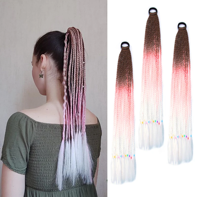 24inch Long Kid Box Braided Ponytail With Elastic Rubber Band Hair Extensions Ombre Rainbow Colored Box Braiding Ponytail Wig