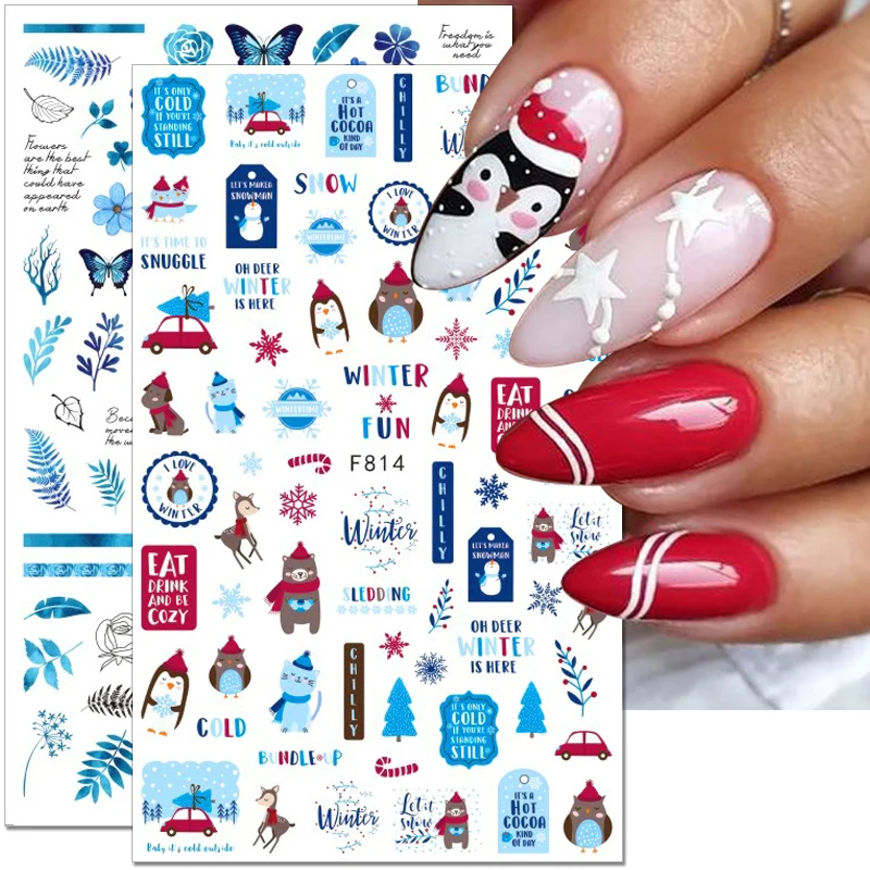 

Christmas Nail Stickers Winter Nail Art Stickers Penguin Flower Birds Design Nail Decals Xmas Tree Snowflake Elk Nail Decoration