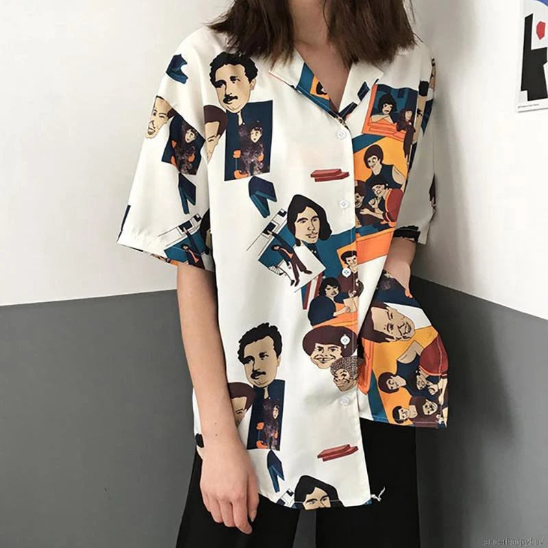 

Women Chiffon Shirts Cartoon Print Slim Short Sleeve Lapel Casual Shirts Tops