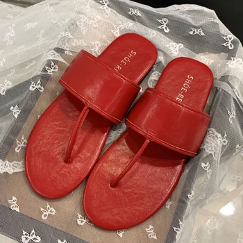 T-tied Soft Leather Flat Sandals Female Pointed Toe Clip Toe Flip-flops Summer Fashion Comfortable Non-slip Vacation Beach Shoes