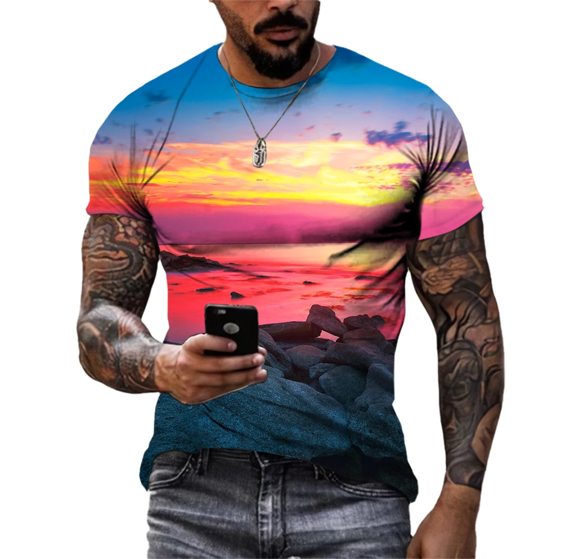 

New Tide Summer Fashion Beautiful Mountains and Rivers T-shirts Casual Print Tees Hip Hop Personality Round Neck Short Sleeve To