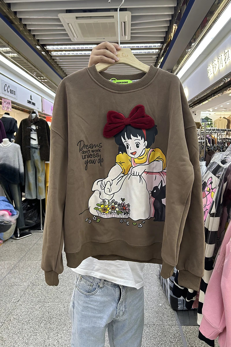 Korean Style Loose Bow Fleece Hoodie Women 2023 Autumn Winter Round Neck Cartoon Printed Long Sleeve Sweatshirt Top Female