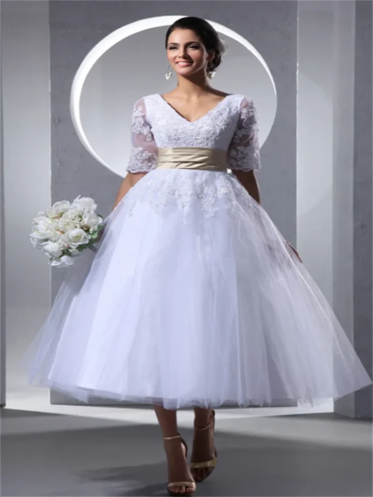 

Elegant Lace Tulle Overlay Half Sleeve V Neck Tea Long Dress 2023 Embroidered Back Zip Wedding Party Evening Dress