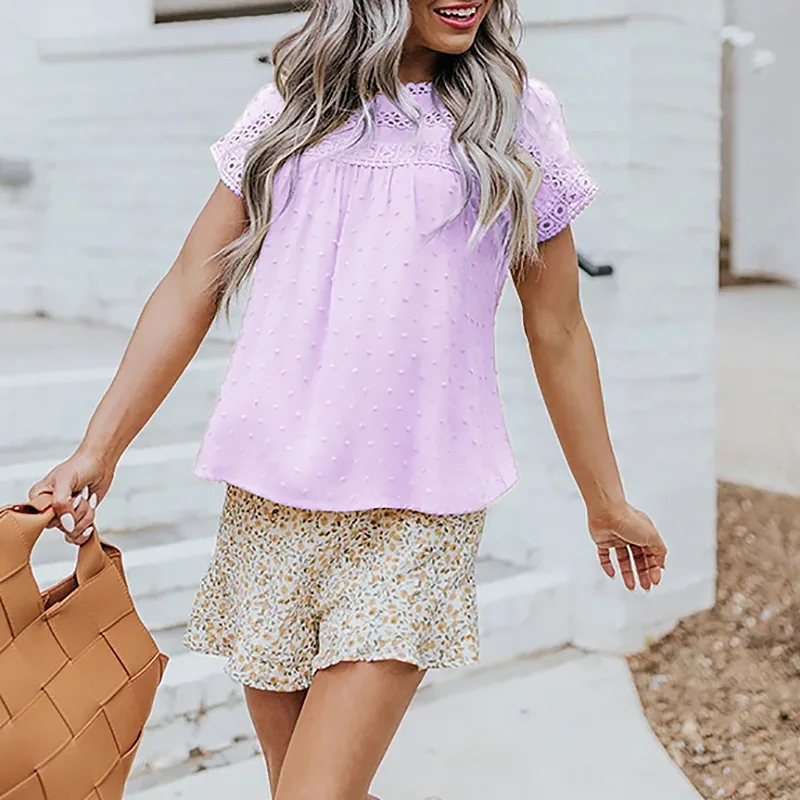

Leisure Hallow Out Women Blouse Casual Solid O Neck Loose Tops Tunics Vintage Short Sleeve Spring Summer Blouses Chic Blusas