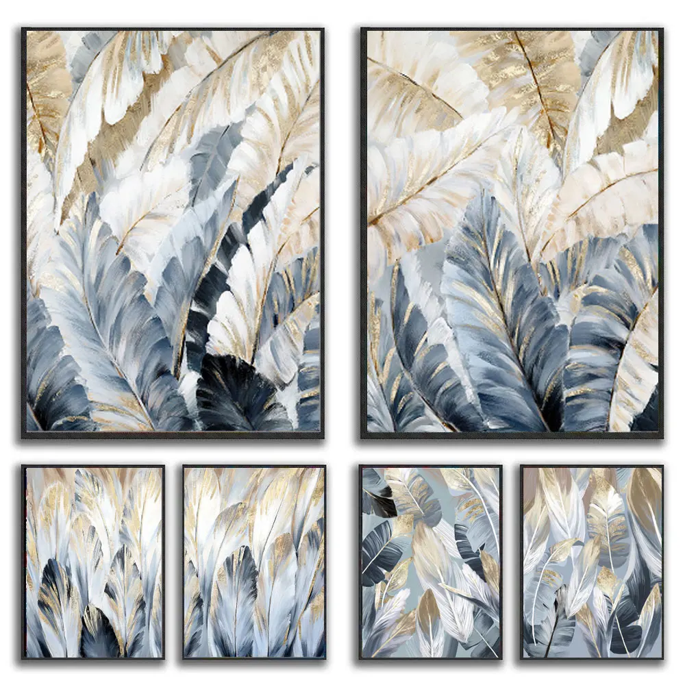 

Black White Feathers Golden Leaf Flower Wall Art Canvas Paintings Nordic Abstract Poster Prints Wall Pictures Living Room Decor