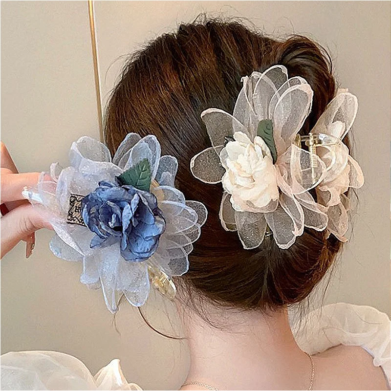 

Korean Exquisite Camellia Flower Bows Hair Clip for Women's Elegant Floral Shark Hairclips Claw Accessories Girls Women