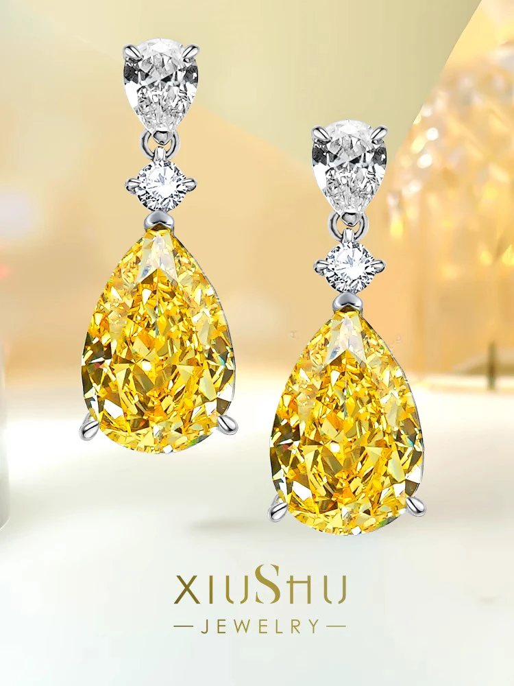 

New Water Drop Yellow Diamond Earrings, Silver High Carbon Light Luxury Versatile, Small, and Elegant Design