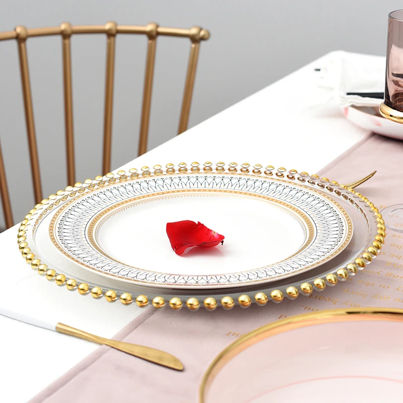 Nordic Gold Bead Glass Charger Plate for Dinner Decorative Salad Fruit Service Plate fruit plate plastic dinner plates For Wedding Party