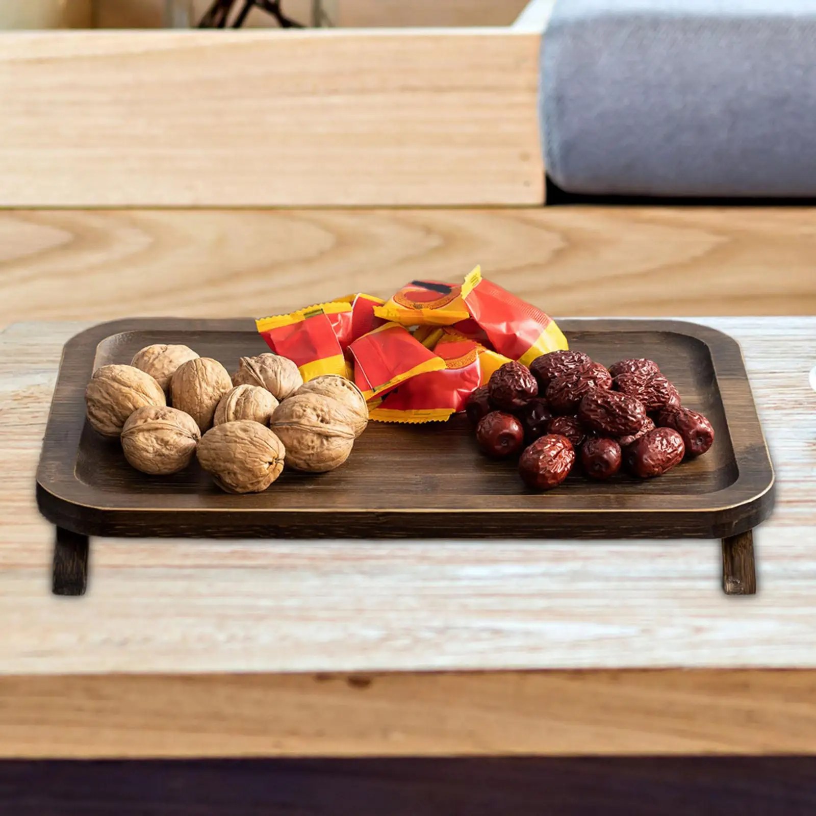 오토만 욕실 파티용 대나무 서빙 트레이, 목재 아침 식사 차 트레이, 음식 플래터, 차 음료 플래터, 홈 침대 커피 테이블