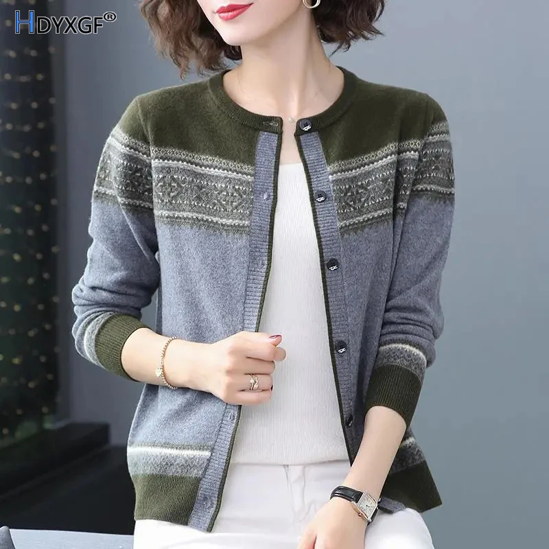 

Vintage Printed Knitted Cardigan Women Ethnic Style O-neck Single-breasted Long Sleeve Sweaters Elegant Office Knitwear Tops New
