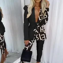 

2022 Elegant Office Women Two Piece Suit Fashion Streetwear Letter Print Puff Sleeve Belted Blazer & Pants Set Womens Outfits