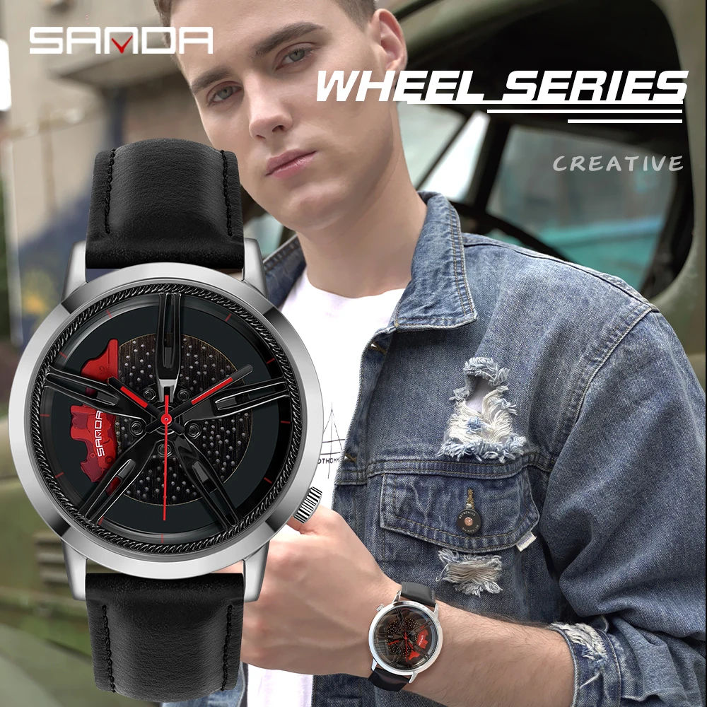 

SANDA P1040 Fashion Men Car Rim Hub Watches Custom Design Wrist Watch Waterproof Leather Wheel Rotating Dial Relogio Masculino