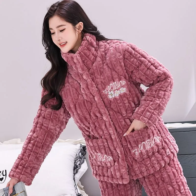 2023 New Pajama Women's Winter Autumn Thickened Fleece Cotton Loungewear Middle-aged Elderly Three-layer Mother's Homewear Set