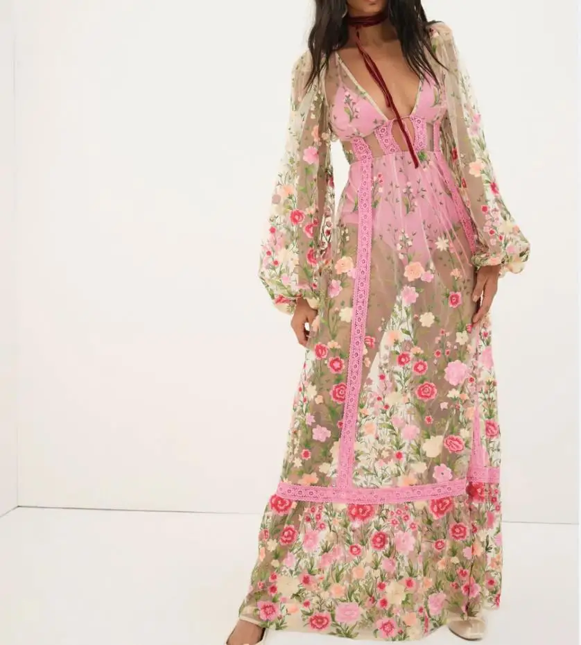 Yiiciovy Women's Sexy Holiday Bikini Cover-Ups Beach Flower Embroidery Dress Long Sleeve Dress See Through Mesh Sheer Dresses