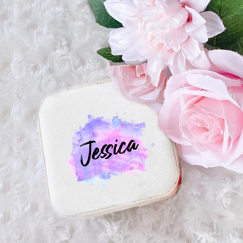 Personalized Watercolor Jewelry Box Custom Name Travel Storage Jewelry Case Earrings Necklace Ring Boex Festive Birthday Gifts