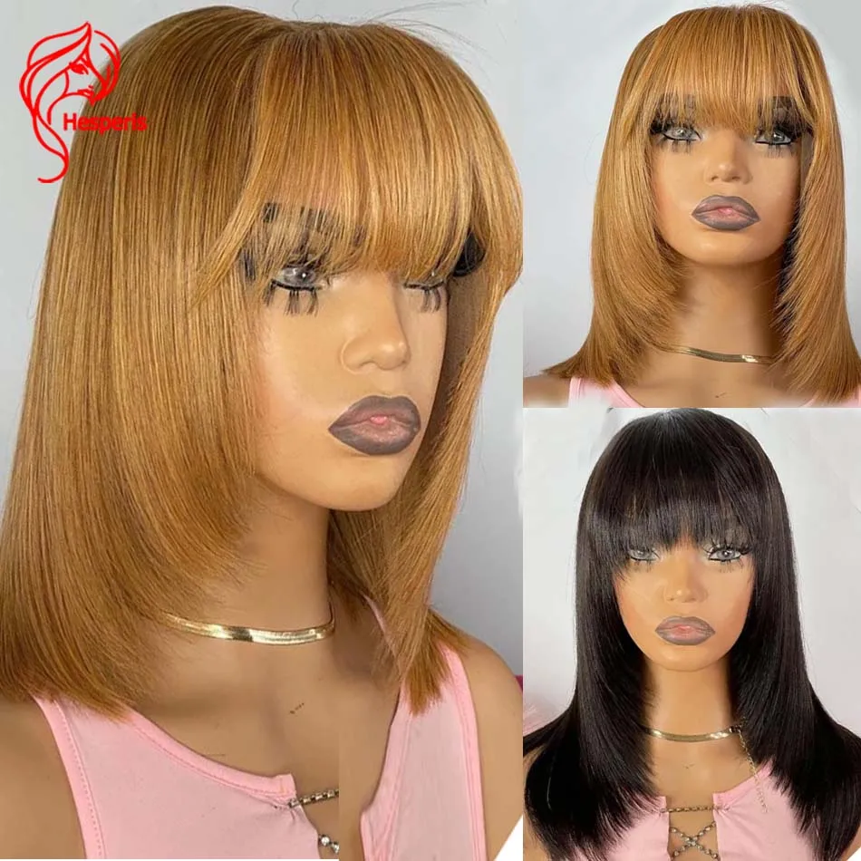 

Hesperis Short Blonde Bob Cut Wig With Bangs Remy Brazilian Hair Full Machine Made Human Hair Wigs Scalp Top For Black Women