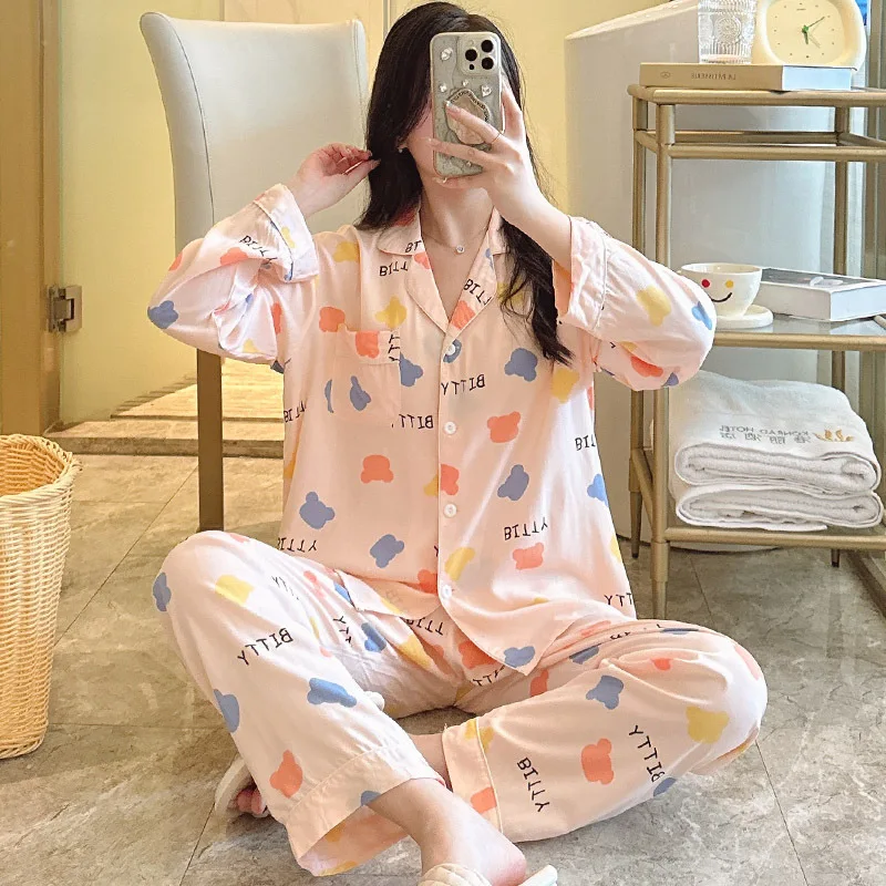 Spring Female Pajamas Long Sleeve Pant Two-piece Set Thin Lapel Cotton Silk Nightgown Sweet Print Home Wear Clothing for Women